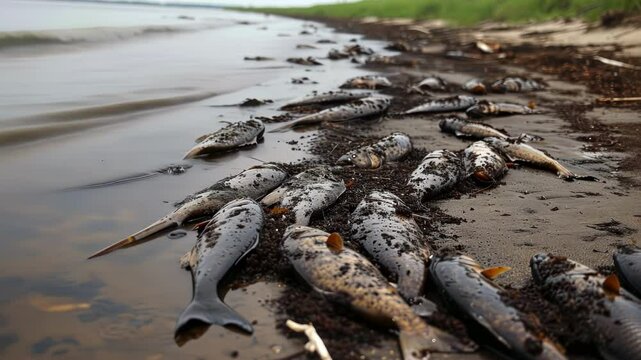 Dead fish scattered along sandy shoreline, revealing devastating impact of environmental degradation and marine ecosystem collapse