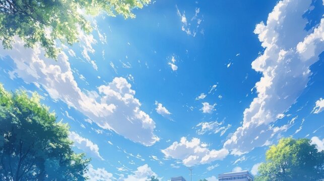Paisaje cielo azul con nubes y &aacute;rboles