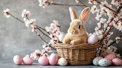 Adorable bunny in basket with decorated easter eggs and blossoming branches Happy Easter