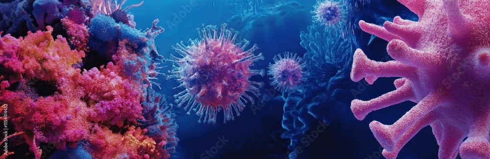 Poster microscopic view of viruses attacking cells.