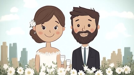 Happy cartoon bride and groom toasting.