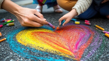 Colorful heart chalk drawing on pavement with adult and child hands creating art
