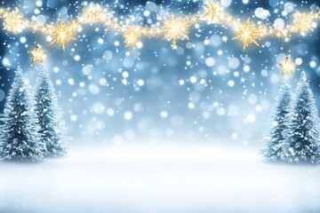 A winter and Christmas backdrop with snowfall and a blurred pine tree in the outdoor scene.