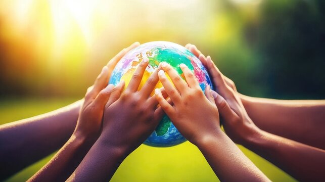 Diverse children holding a globe in unity outdoors in sunlight