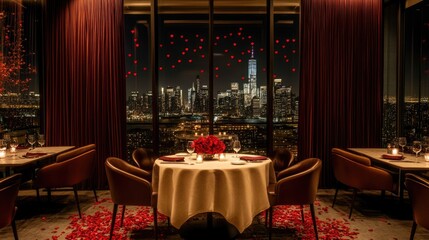 Romantic evening dinner in a luxurious city restaurant with skyline view