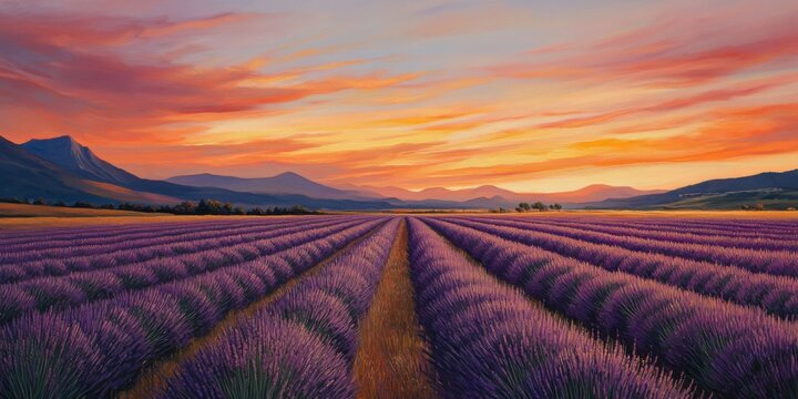 Paisaje de campos de lavanda al atardecer