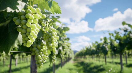 Fototapeta premium A vineyard showcasing clusters of green grapes under a blue sky.