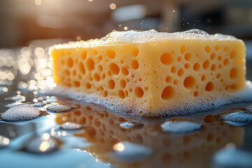 Close-up of a sponge covered in soap suds gliding across a shiny car surface, with water droplets reflecting sunlight, showcasing meticulous car cleaning.	
