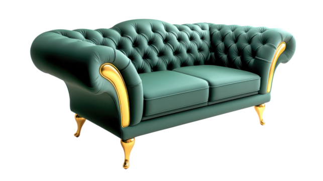 A Luxurious Velvet Green Sofa with Tufted Backrest, Accented by Golden Legs, Isolated against a Crisp White Background.