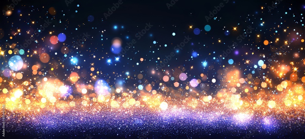 Poster holiday setting with a multicolored backdrop illuminated by bright bokeh lights.