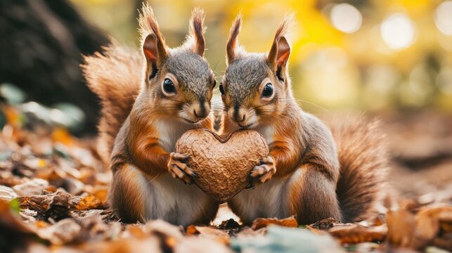 Two adorable squirrels holding a heart-shaped nut in autumn forest. The 14th of February. Happy Valentine's Day