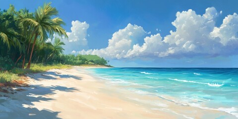 Paisaje de playa con palmeras y mar azul