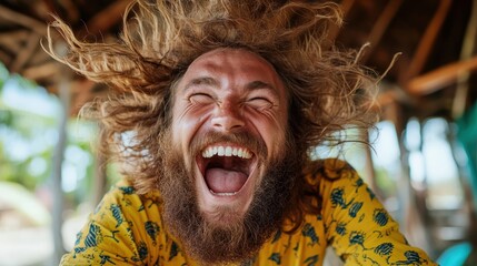 A man with unkempt hair and a bright floral shirt laughs joyfully while spending time on the beach,...