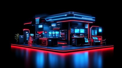 Futuristic tech expo booth with neon lighting.