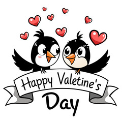 Happy Valentine&rsquo;s Day banner, black and white birds illustration.