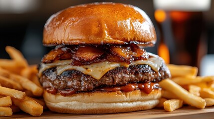 A juicy burger, accompanied by fries and layered with bacon, cheese, and savory sauces, set in a gourmet dining atmosphere reflecting indulgence and culinary delight.