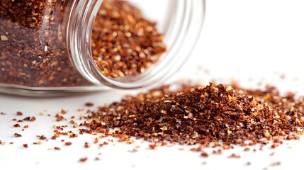 Close-up of a pile of dark brown spice blend spilling from a glass jar onto a white background. The spice looks coarse and textured.