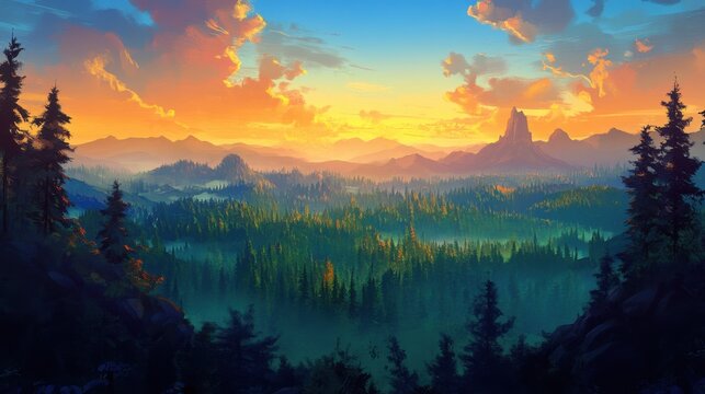 Paisaje monta&ntilde;as &aacute;rboles atardecer