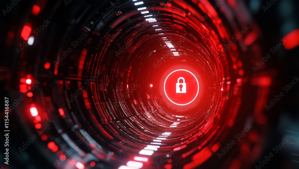 Poster a digital tunnel with a padlock symbol, representing security and data protection.