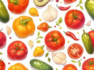 A colorful arrangement of various vegetables and herbs on a white background.