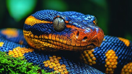Fototapeta premium A close-up of a blue and orange snake's head and neck with green leaves in the background
