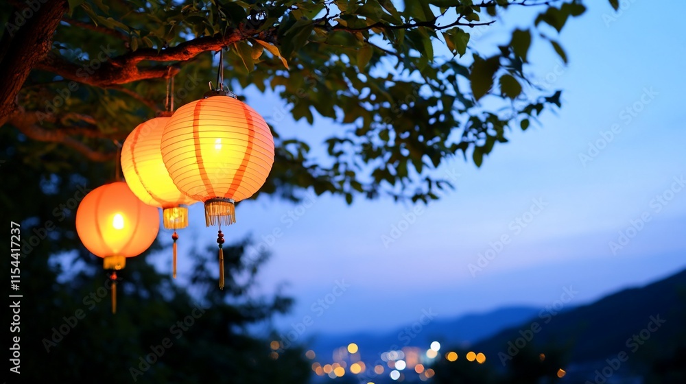 Poster three glowing lanterns hanging from a tree at dusk, creating a serene atmosphere.