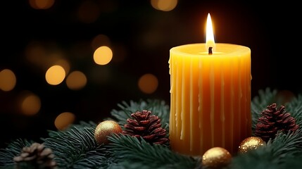 Lit candle with Christmas decorations.