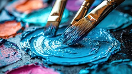 Fototapeta premium A zoomed-in image of two brushes immersed in a pool of blue pigment resting atop a table with additional brush tools nearby