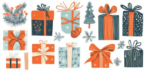 Christmas gifts and New Year presents, in gift boxes with ribbons, beautifully illustrated in a modern flat style