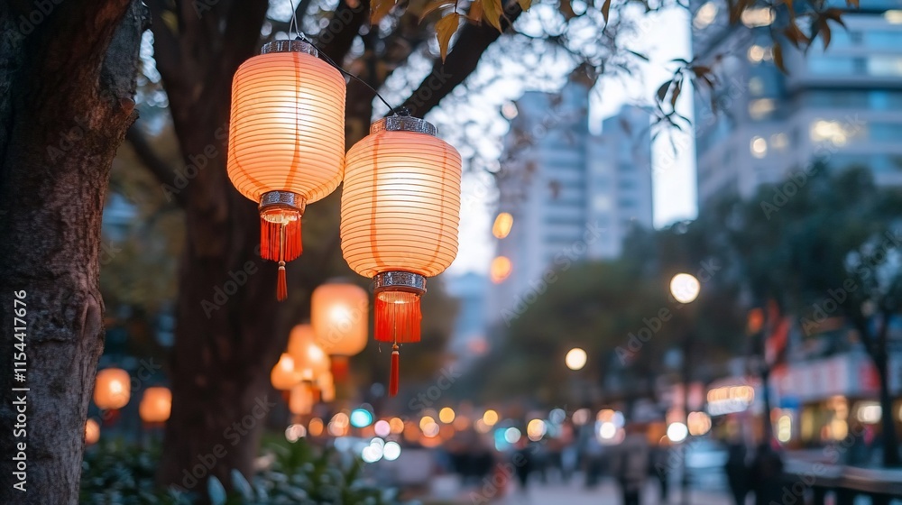 Poster lanterns glow softly in an urban setting during twilight.