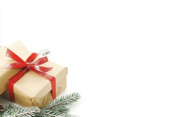 Fototapeta premium Christmas motifs are evident in gift boxes finished with craft paper. Beneath spruce branches dotted with wooden ornaments, Christmas gifts sit on a white background. The setting adheres to the