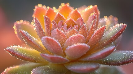   A close-up of a flower with water droplets on its petals and a clear center