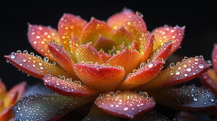   A close-up of a red and yellow flower with water droplets on its petals