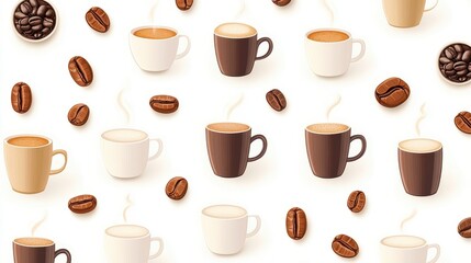 Obraz premium A pattern of various coffee cups and beans on a light background.