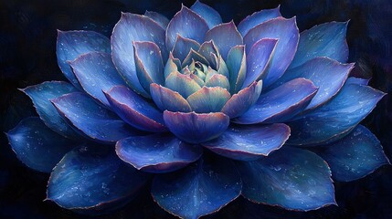   A painting of a blue flower with water droplets on its petals and a central focus