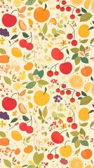 A vibrant pattern featuring various fruits and flowers on a light background.