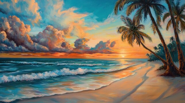 Paisaje tropical al atardecer con palmeras y mar