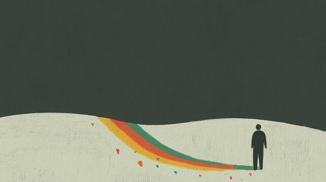 A Solitary Figure Standing at the End of a Colorful Rainbow Path Under a Dark Sky