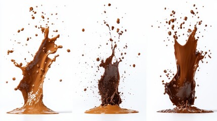 Three dynamic chocolate splashes against a white background highlight bold movement and the unexpected beauty of chaotic, artistic splatter in motion.