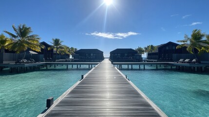 Fototapeta premium Overwater bungalows with wooden walkway, sunny day.