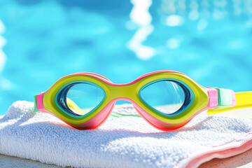 Colorful swimming goggles on towel by poolside in sunlight