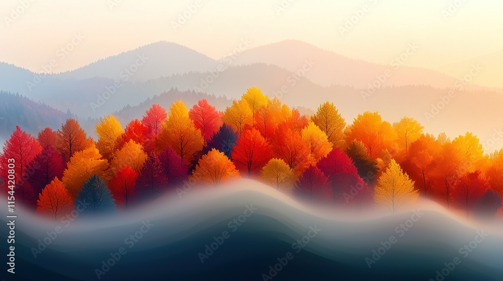 Poster   Mountain range with trees in foreground and misty sky in background
