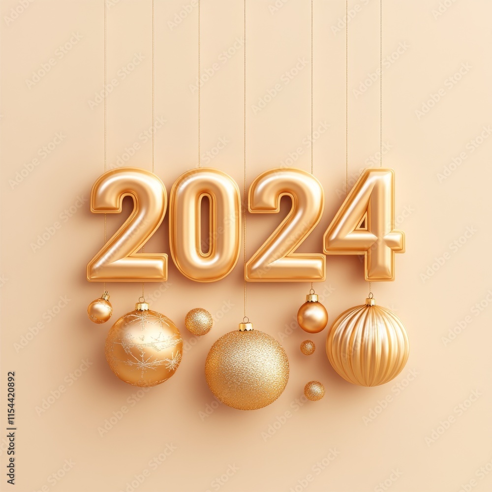 Fototapete A festive 2024 New Year background adorned with 3D hanging numbers, generated by AI to enhance websites, social media, and ad content.