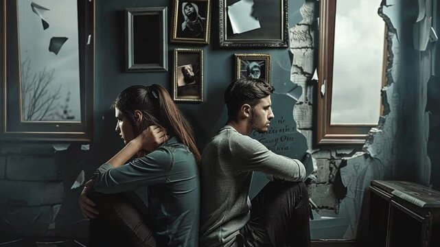 A couple sits back-to-back in a room, embodying emotional distance and unresolved tension.