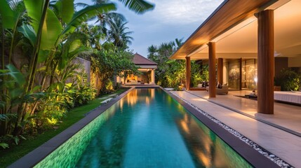 Fototapeta premium Piscina moderna en un entorno tropical