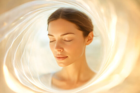 Tranquil young caucasian female in serene light aura with eyes closed