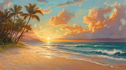 Playa al atardecer con palmeras