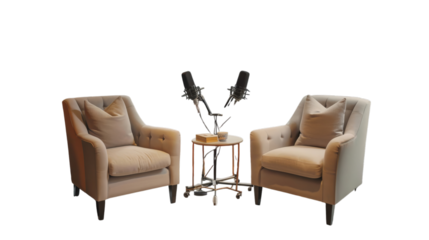 PNG of A cozy interview setup featuring two beige armchairs and microphones on a stylish table, White or Transparent Background