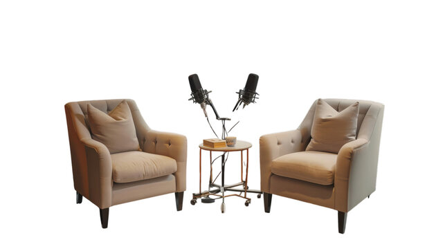 PNG of A cozy interview setup featuring two beige armchairs and microphones on a stylish table, White or Transparent Background