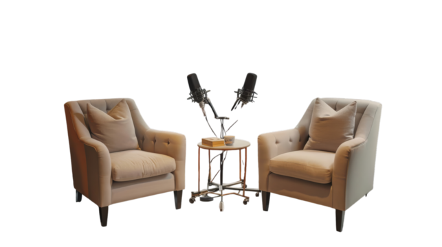 PNG of A cozy interview setup featuring two beige armchairs and microphones on a stylish table, White or Transparent Background